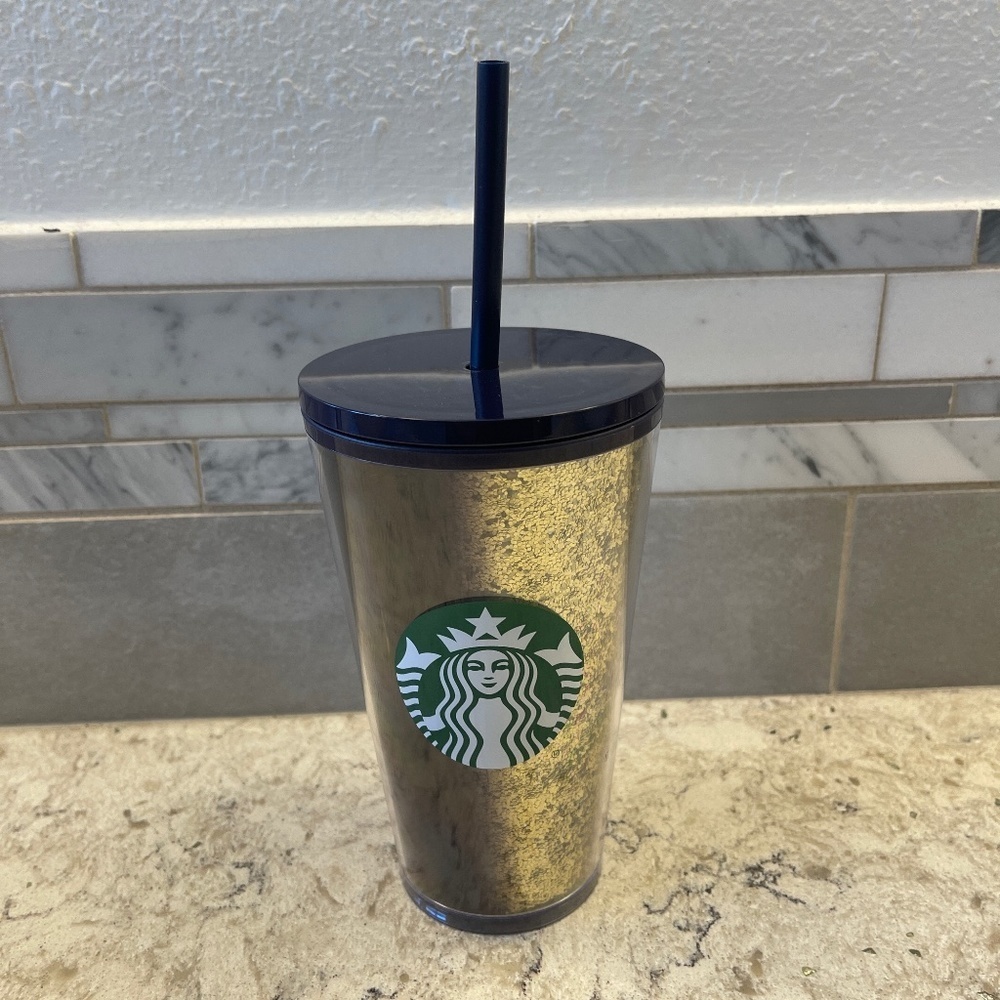 Never Used Starbucks Holiday 2020 gold navy blue glitter tumbler‎